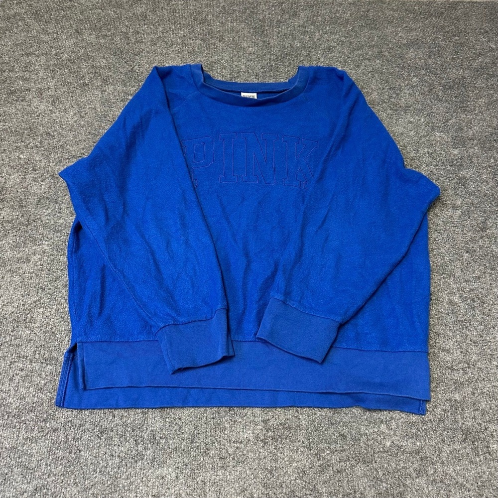 PINK Sweatshirt Womens Size L Blue Embossed Logo Fleece Pullover Side Slit